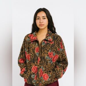 Floral Leopard Print Women's ZipUP Vintage Apparel Bomber Jacket by EVR- Size XL
